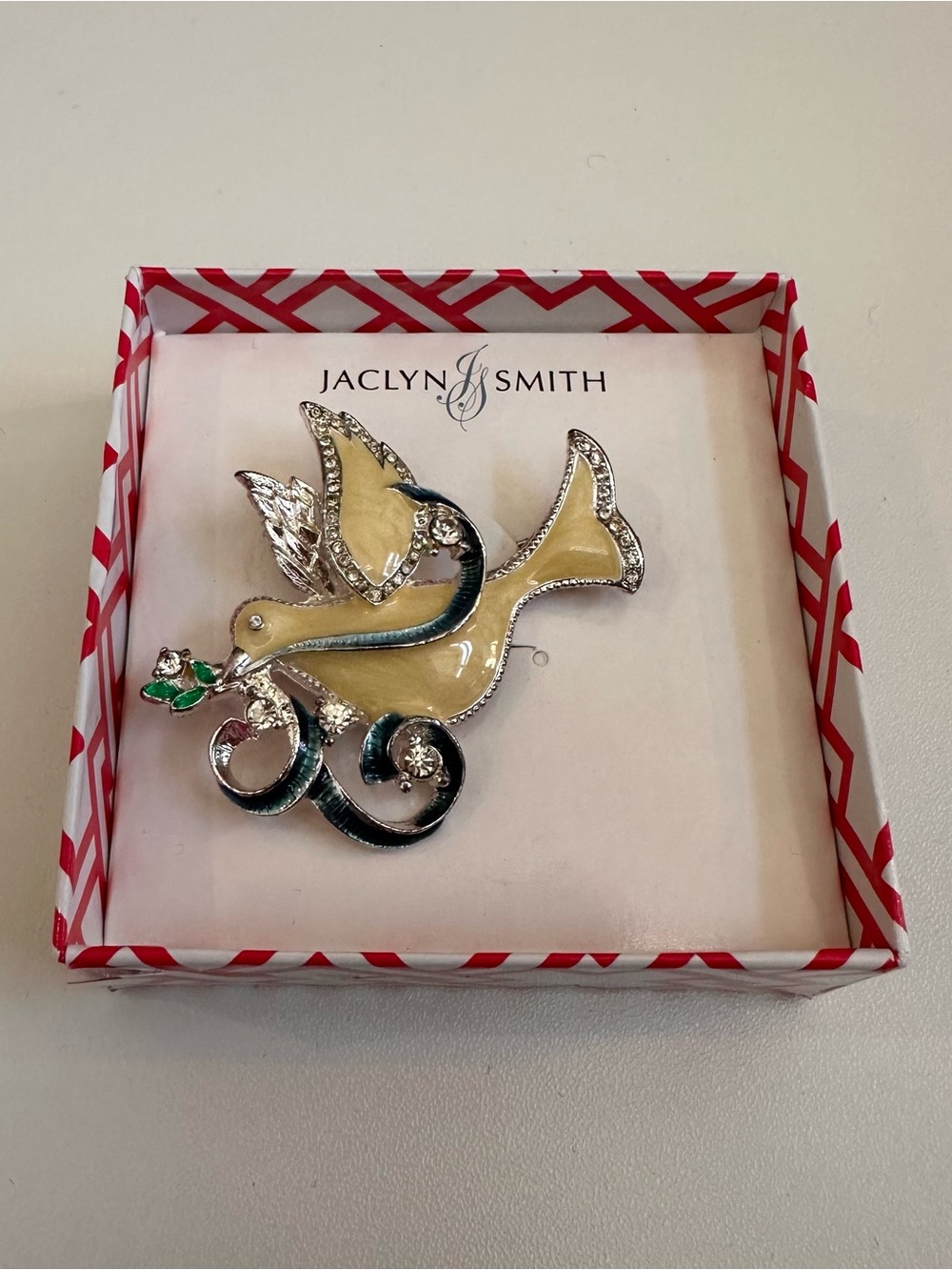 Jaclyn Smith Yellow and Green Dove Brooch with Silver Accents